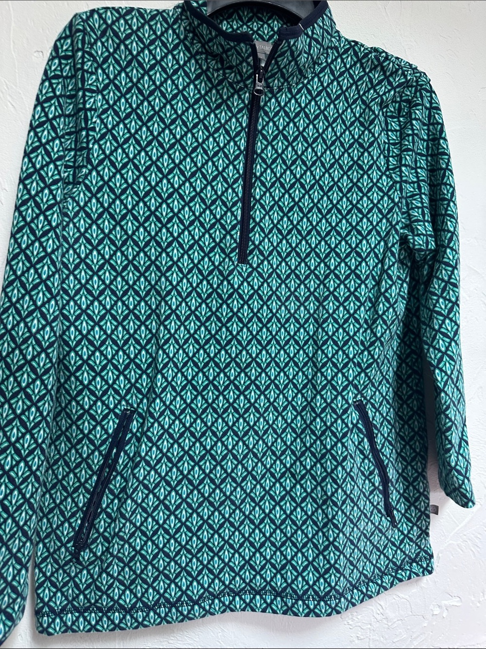 Talbots Teal and Navy Diamond-Print Quarter-Zip Turtleneck Sweater